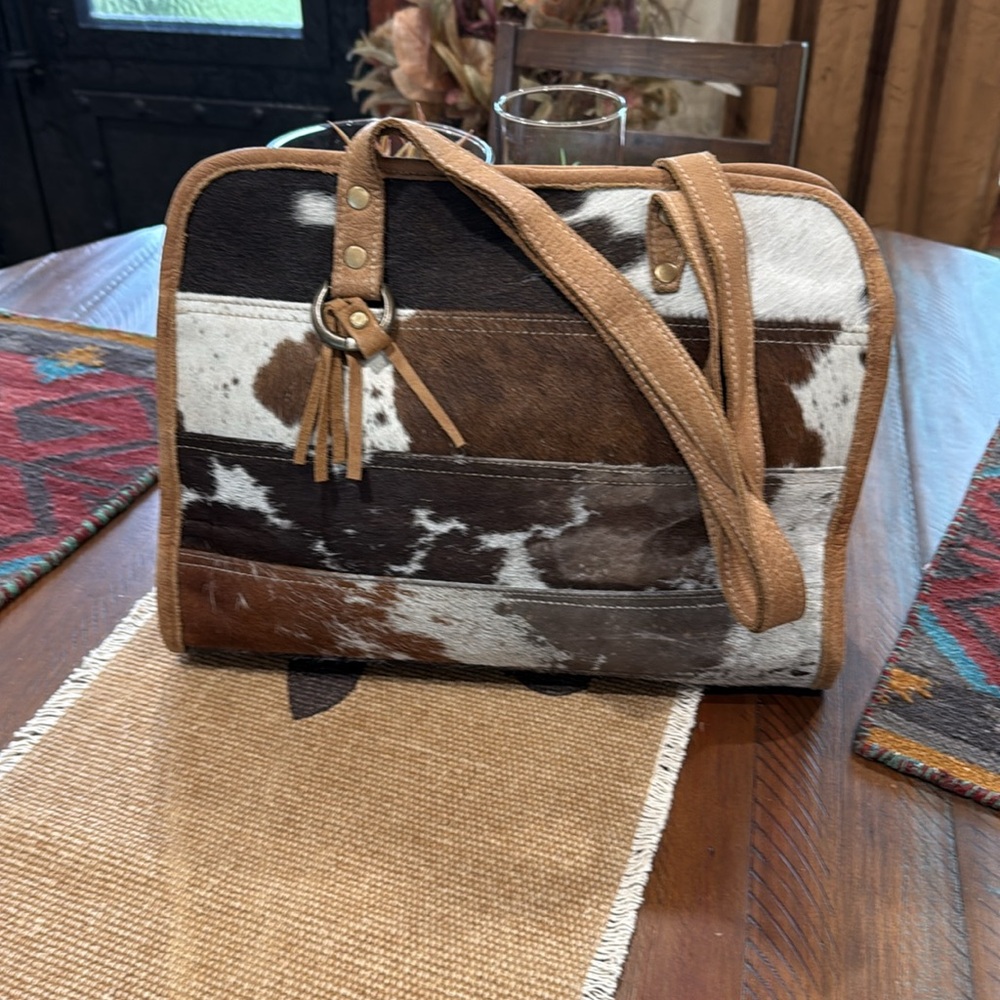 Cowhide and Tan Leather Tote